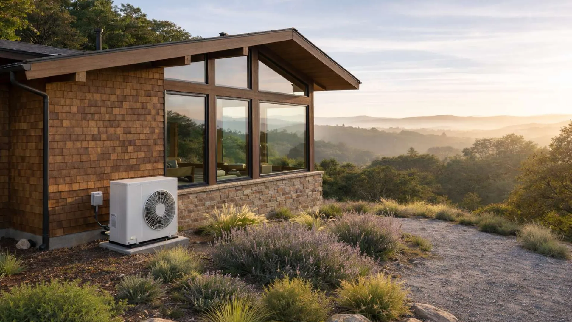 Heat pump installed outside a modern home at sunset